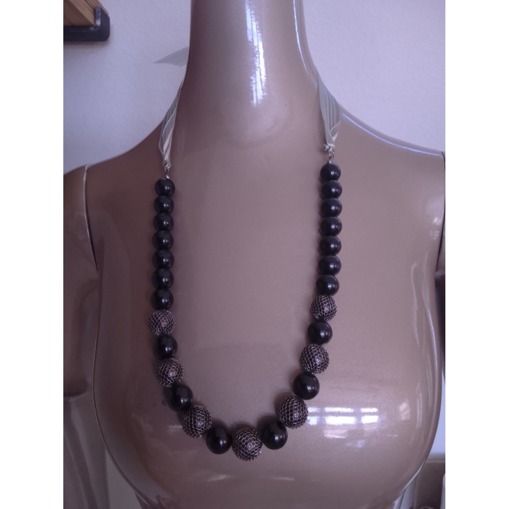 Black Beaded Statement Necklace Silver Mesh Accents Striped Ribbon Tie